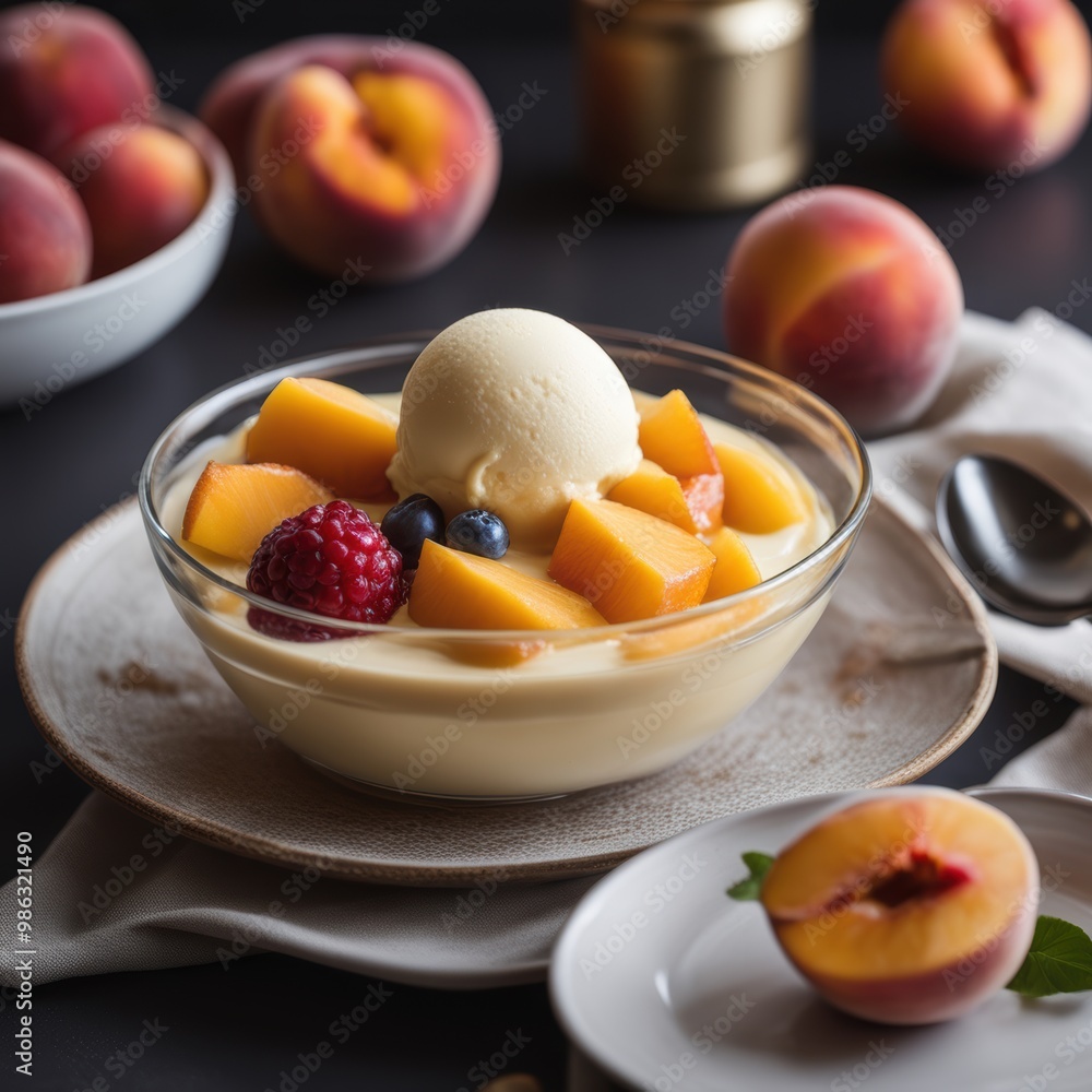 Sliced peaches in a circular pattern topped with vanilla ice cream on a dark table. Sliced peaches in a circular pattern topped with vanilla ice cream on a dark table.