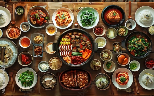 Top view of various japanese food set on wooden table.