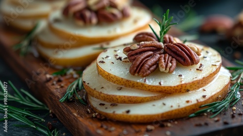 Deliciously prepared baked pears topped with pecans and rosemary on a wooden ...