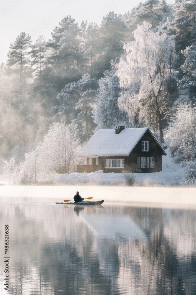 A person kayaking in lake water in winter with snow with house A person kayaking in lake water in winter with snow with house