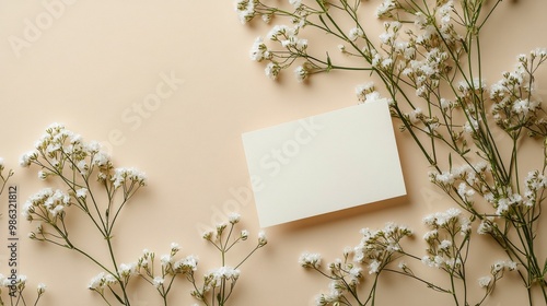 Elegant floral arrangement with empty card on soft pink background for creati...