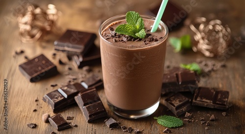 Delicious chocolate smoothie served in a glass with mint on wooden table next...