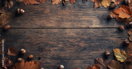 Vibrant autumn leaves and acorns arranged on a rustic wooden table in a warm,...
