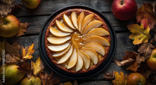 Freshly baked apple cake decorated with sliced apples and autumn leaves on a ...
