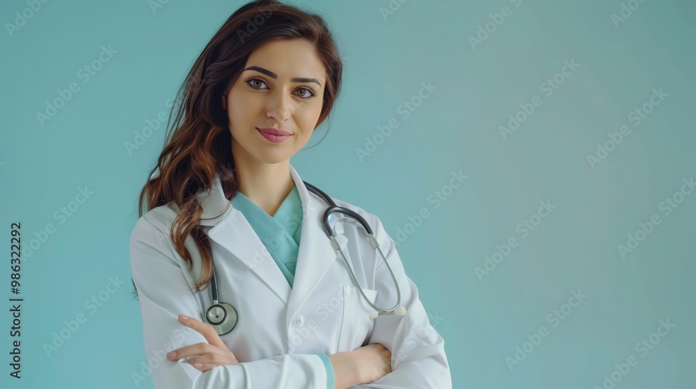 Beautiful female doctor in white coat and stethoscope smiling at camera against blue background Beautiful female doctor in white coat and stethoscope smiling at camera against blue background