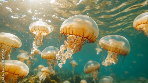 A stunning view of jellyfish drifting gracefully in clear ocean waters during...