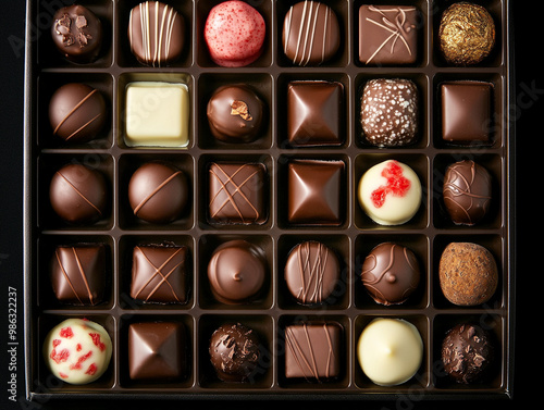 A beautifully arranged box of chocolates, featuring various shapes and sizes, with rich chocolate flavors, against a black background for contrast. 