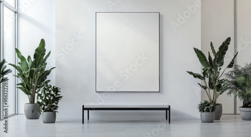 Modern minimalist interior design featuring plants and empty canvas in bright...