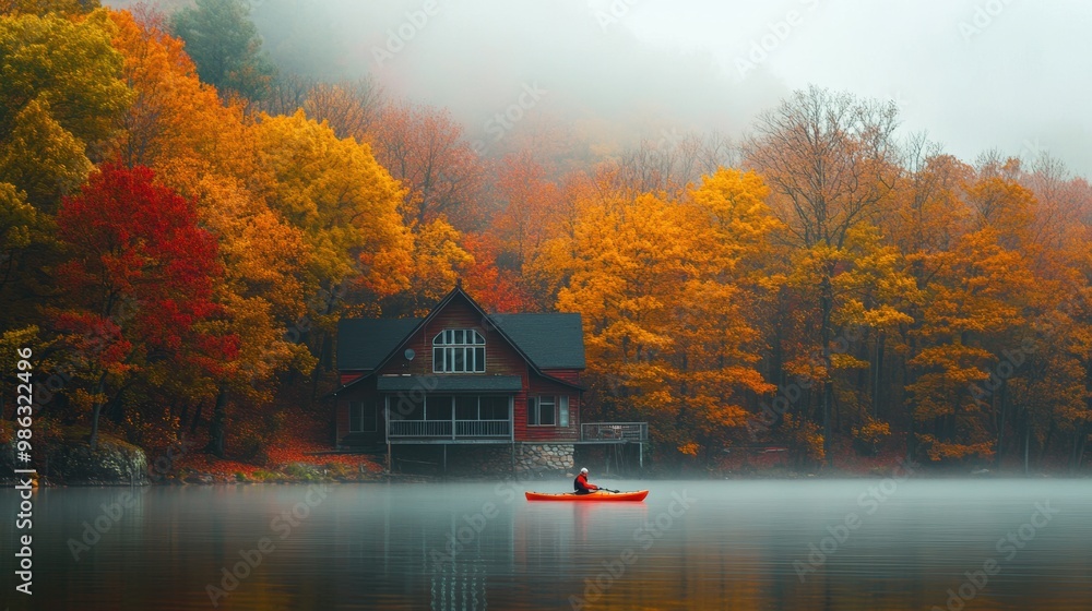 A person kayaking in water with colorful Autumn foliage woods A person kayaking in water with colorful Autumn foliage woods