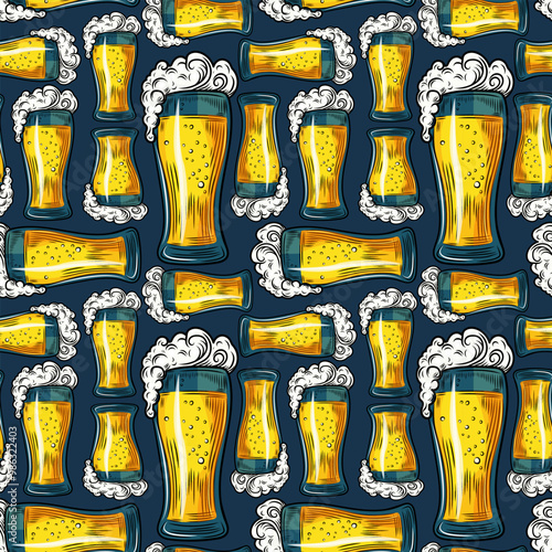 Seamless pattern of beer glass with foam, isolated, vector for packaging
