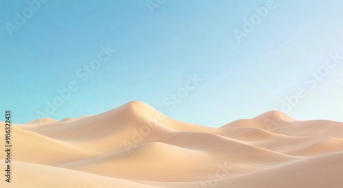 Golden sand dunes stretch under a bright blue sky in a tranquil desert landscape