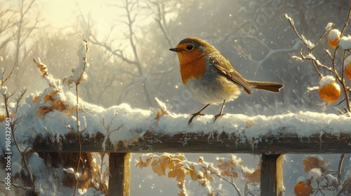 A charming robin perches on a snowy fence in a tranquil winter setting at sunset