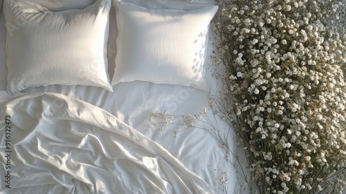 Cozy white bed with rumpled blankets and pillows in a minimalist bedroom setting