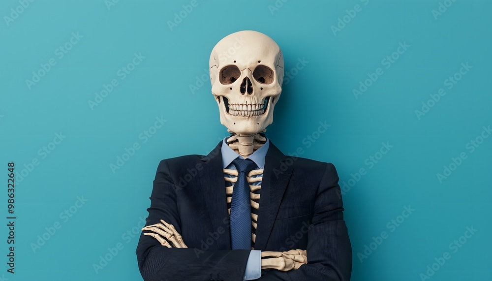 A well-dressed skeleton stands confidently with arms crossed against a solid blue background, blending humor with a formal aesthetic. A well-dressed skeleton stands confidently with arms crossed against a solid blue background, blending humor with a formal aesthetic.