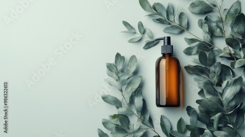Crafting natural beauty products with an amber bottle and green leaves on a s...