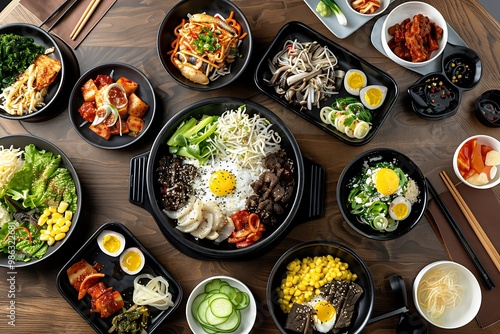 Top view of various japanese food set on wooden table. photo