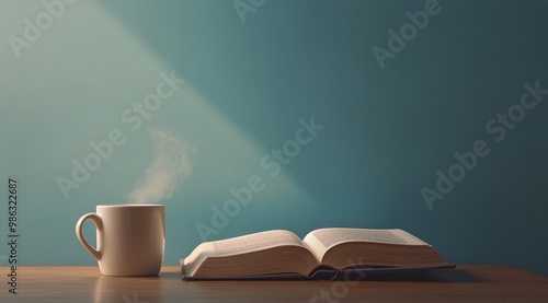 A cozy morning moment with a steaming cup of coffee and an open book on a qui...