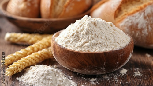 Freshly baked bread and various pasta types arranged on a rustic wooden table...