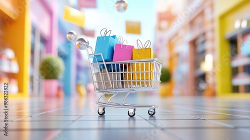 Shopping Cart with Colorful Bags in Vibrant Storefront