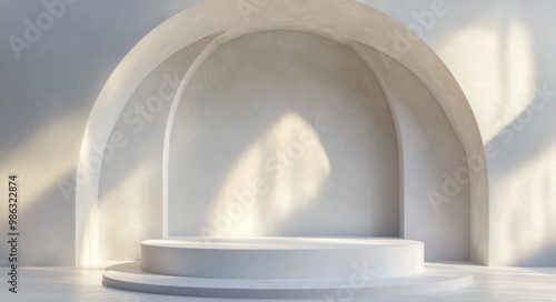 The setting showcases a curvy white podium against a softly lit wall with an ...