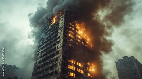 Fire engulfs high-rise building in urban area during overcast afternoon