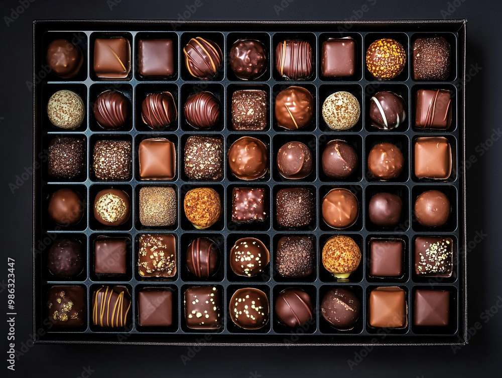 A beautifully arranged box of chocolates, featuring various shapes and sizes, with rich chocolate flavors, against a black background for contrast. A beautifully arranged box of chocolates, featuring various shapes and sizes, with rich chocolate flavors, against a black background for contrast.