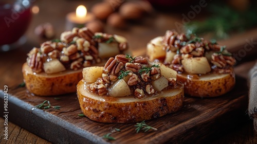 Deliciously prepared baked pears topped with pecans and rosemary on a wooden ...