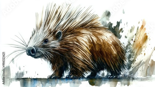 Small hedgehog standing proudly with colorful splashes in the background duri...