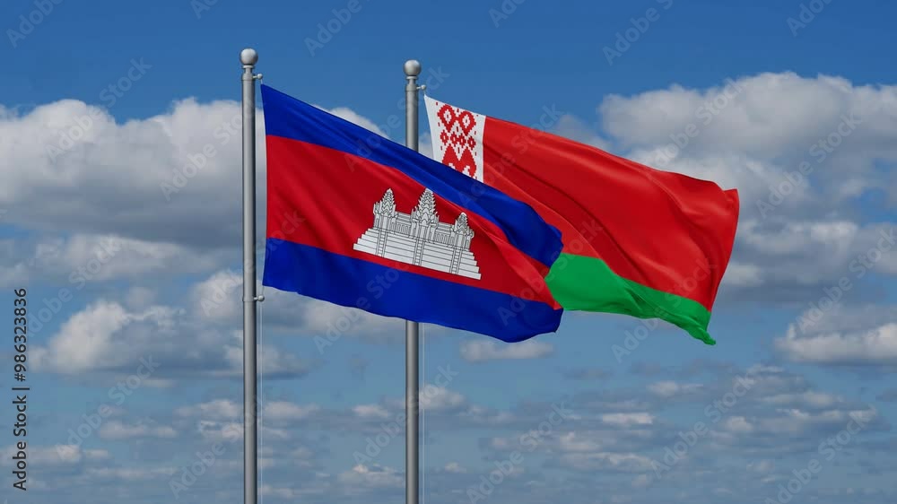 Belarus and Cambodia flags flying together, video concept of the relationship, two country cooperation concept Belarus and Cambodia flags flying together, video concept of the relationship, two country cooperation concept