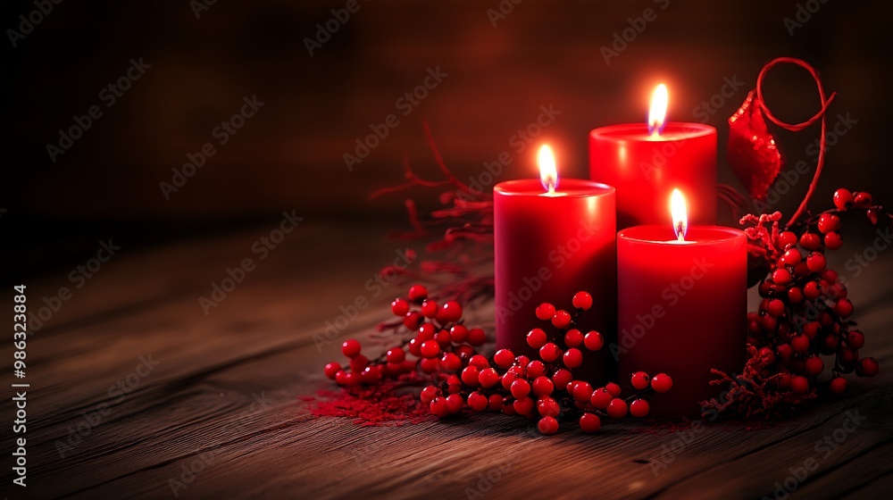 Three red candles surrounded by decorative berries, creating a warm and inviting ambiance. Three red candles surrounded by decorative berries, creating a warm and inviting ambiance.