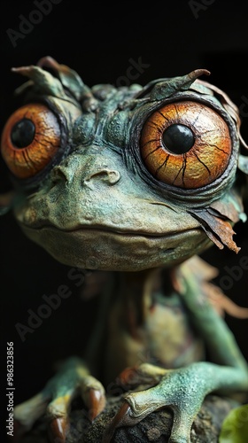 Close-up Portrait of a Green Fantasy Frog with Big Eyes