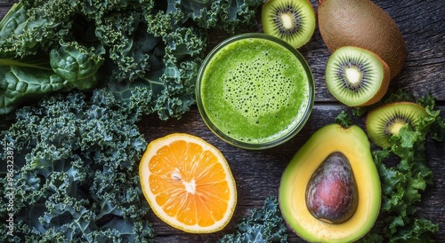 Fresh green smoothie surrounded by ingredients on a wooden table with bright ...