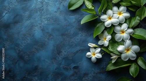 White plumeria flowers with yellow centers surrounded by green tropical leave...
