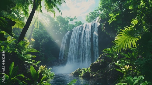 erene jungle paradise with majestic tropical waterfall display image photo