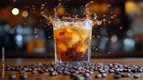 Refreshing drink splashing in a glass filled with ice, captured in warm after...