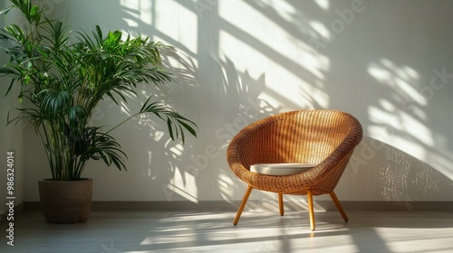 Sunlit indoor space featuring a rattan chair and a lush plant against a light...