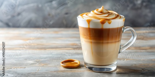 Delicious caramel macchiato in a clear glass with swirls of caramel drizzle