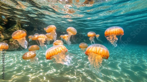 A stunning view of jellyfish drifting gracefully in clear ocean waters during...