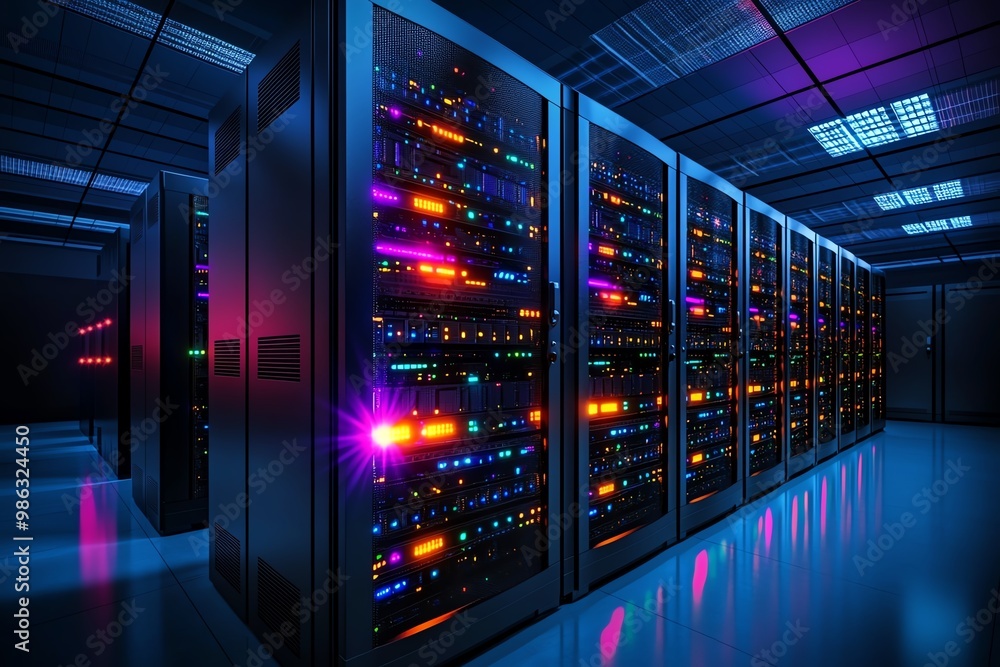 A server room with flashing lights, representing the management of IT infrastructure capacity A server room with flashing lights, representing the management of IT infrastructure capacity