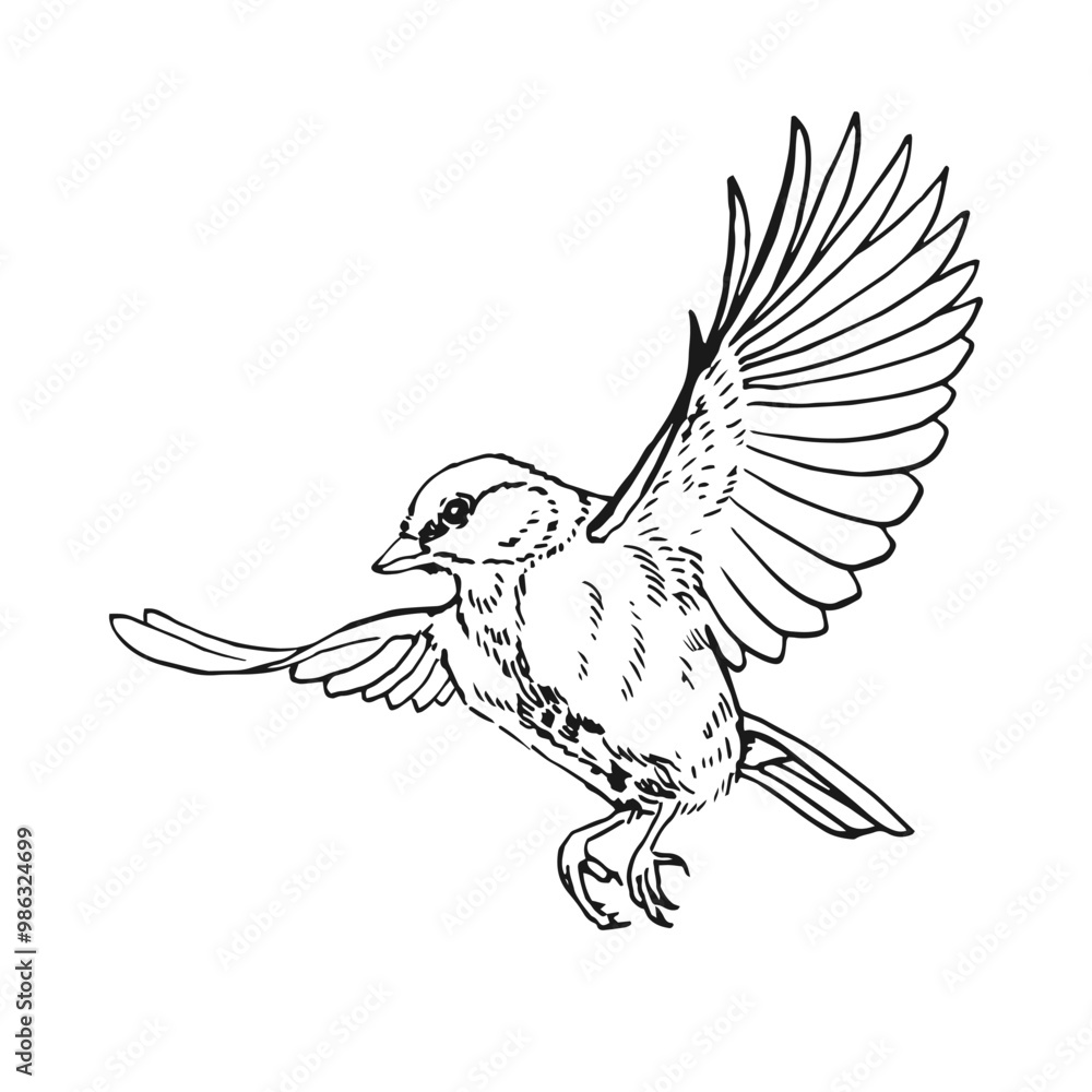 Obraz premium Titmouse. Flying bird. Hand drawn vector illustration.