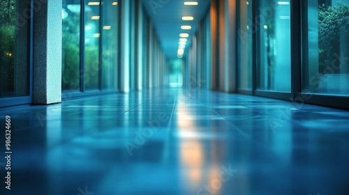 A tranquil corridor illuminated by soft blue lights in a modern building duri...