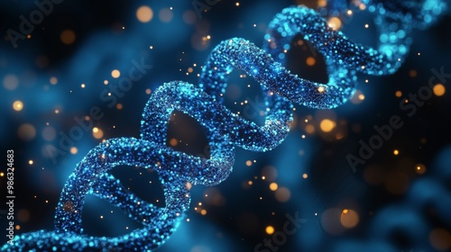 A detailed close-up of a luminous blue DNA strand illuminated by sparkly part...