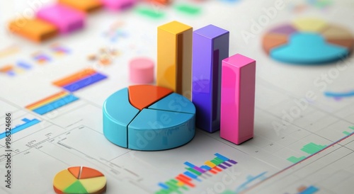 Colorful pie chart and bar graph representing data analysis on a desk during a business meeting