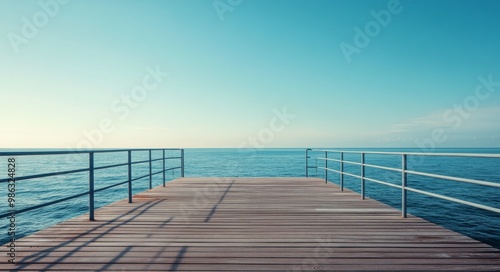 Wooden pier extending over calm blue waters on a clear sunny day