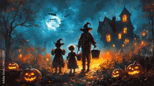 Children and scarecrows walk through a spooky Halloween landscape with pumpki...