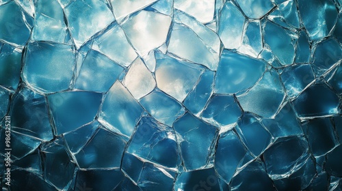Bright blue ice shards create a striking pattern in a frozen landscape during...