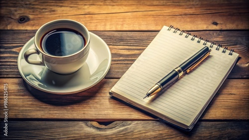 Vintage coffee cup with ink pen on notepad, perfect for a cozy workspace scene