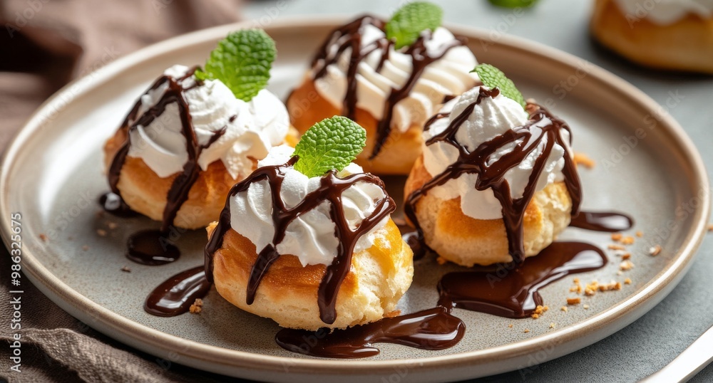 Tasty dessert with whipped cream and chocolate drizzle served at a casual gathering Tasty dessert with whipped cream and chocolate drizzle served at a casual gathering