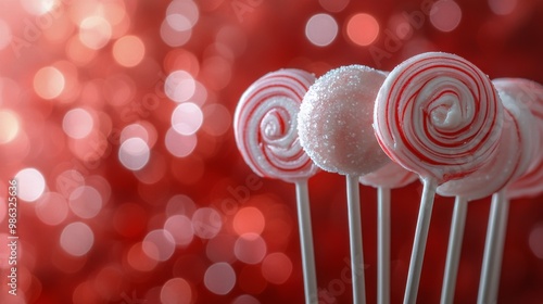 Colorful peppermint swirls placed artistically on a sparkling surface during ...