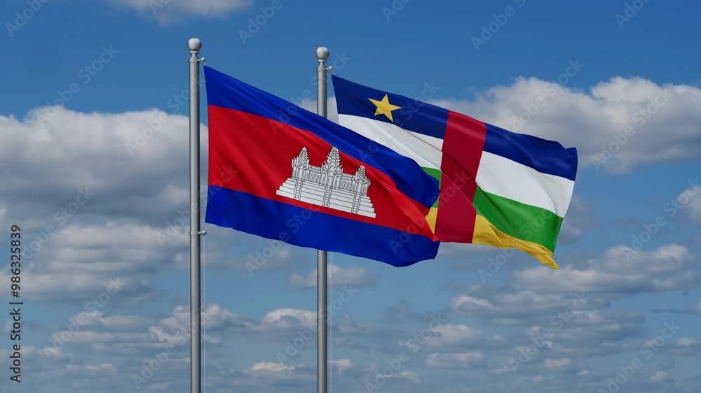 Central African Republic and Cambodia flags flying together, video concept of the relationship, two country relations concept Central African Republic and Cambodia flags flying together, video concept of the relationship, two country relations concept
